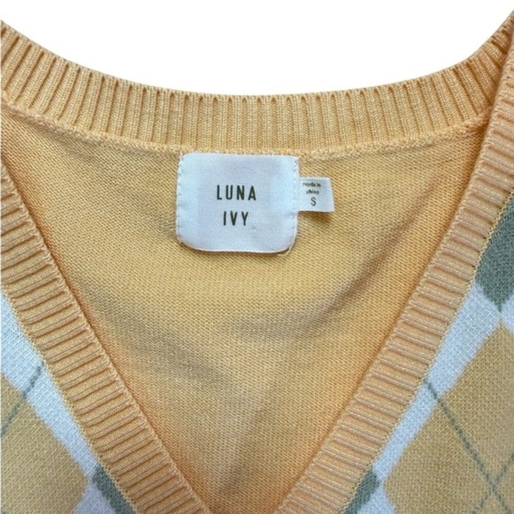 Luna Ivy Pastel Argyle Sweater Vest - Yellow & Sage Green - Size Small Preppy - Picture 4 of 7